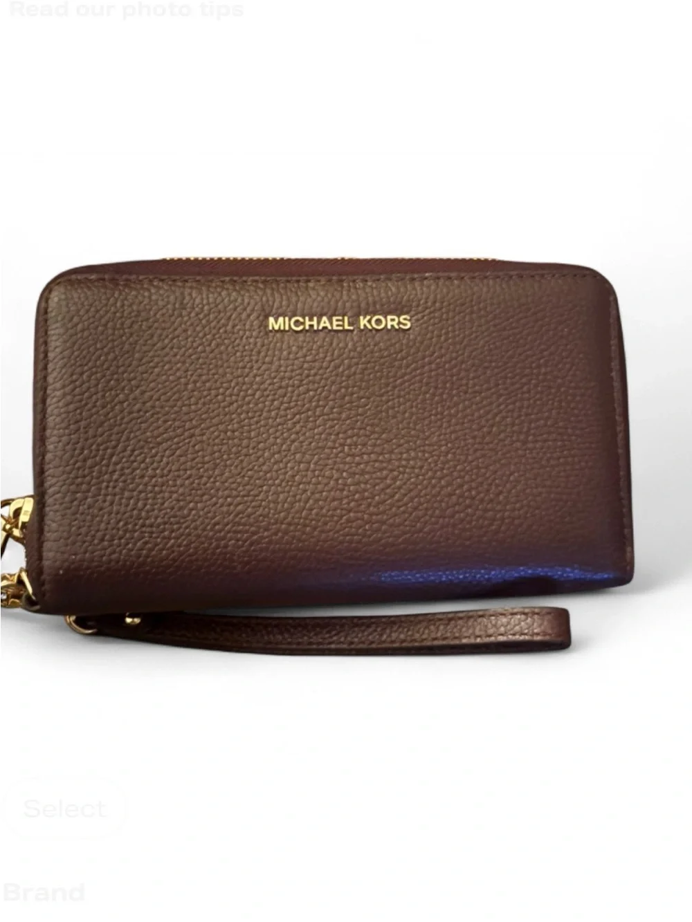 Michael Kors Chocolate Brown Pebbled Leather Wristlet with Gold Hardware